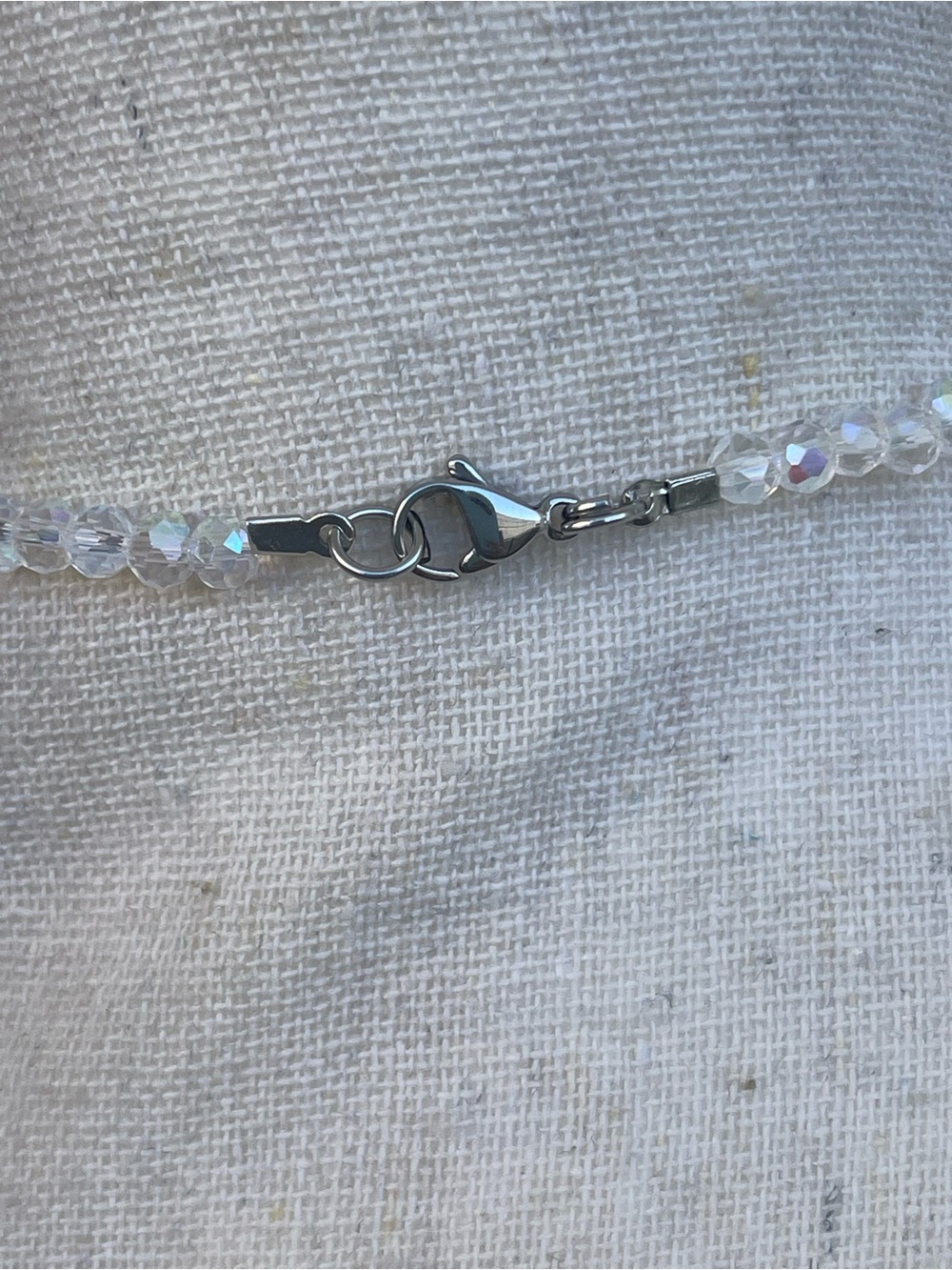 Larvikite Moon Necklace Stainless Steel Wire Wrap on White AB Glass Beaded Chain - Picture 5 of 5